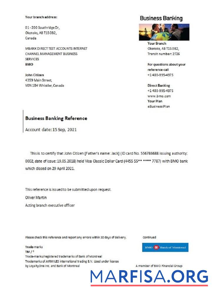 Blank Canada BMO Bank of Montreal closure reference sample